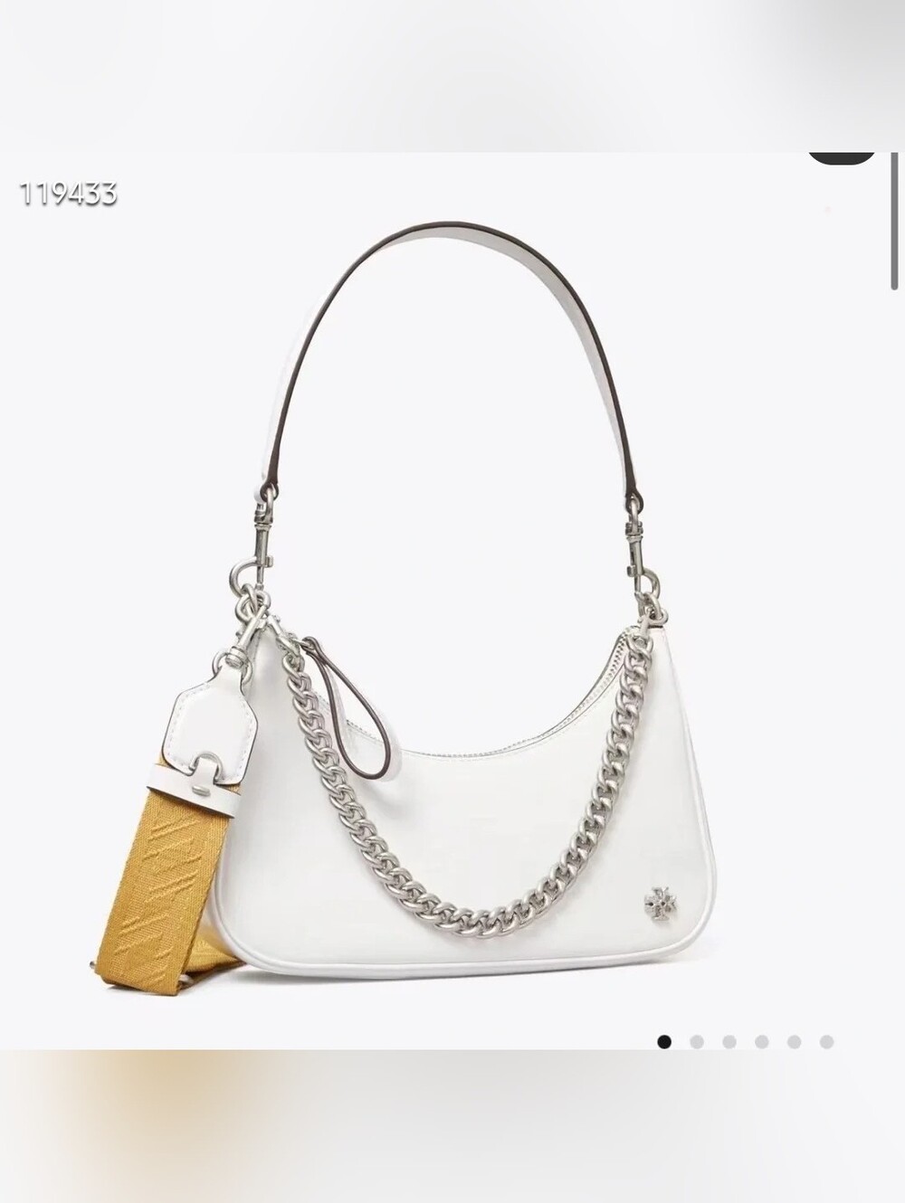 Tory Burch Mercer White Shoulder Bag with Silver Chain and Mustard Accent Strap